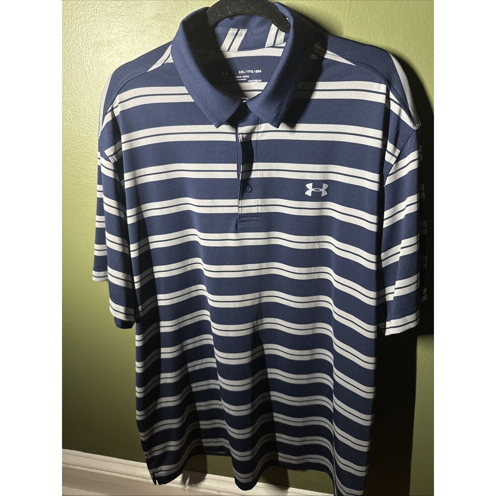 Men's 2XL Under Armour Golf Polo Shirt Navy/Gray Stripe Heat Gear Loose Fit
